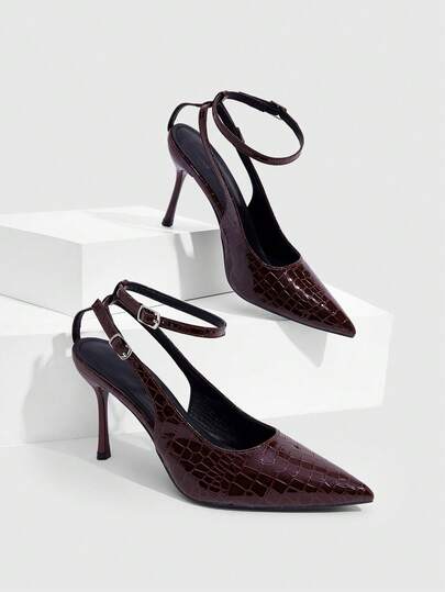 CUCCOO SZL Women's Spring And Summer New Sexy Burgundy Stone Pattern Pointed High Heels One-Word Buckle Stiletto Shoes