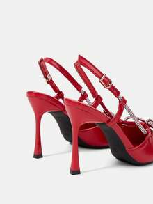 CUCCOO HITCHD Red Glossy Patent Leather Pointed Back Empty Rhinestone Bow Thin Strap Metal Buckle Wedding Shoes, Bridal Wedding Banquet Dating Temperament Fashion - Red - View 5