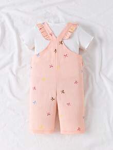 SHEIN Vintaside Kids 女嬰粉色蝴蝶結印花荷葉邊吊帶褲 2件套，附白色T恤，可愛寬鬆連身褲，幼兒嬰兒夏季套裝 - 粉色 - 查看 2