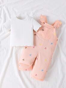 SHEIN Vintaside Kids 女嬰粉色蝴蝶結印花荷葉邊吊帶褲 2件套，附白色T恤，可愛寬鬆連身褲，幼兒嬰兒夏季套裝 - 粉色 - 查看 4