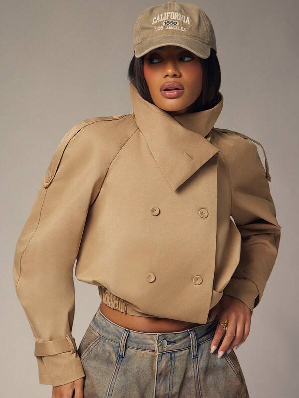 Denimoi Women's Khaki Short Trench Coat Jacket, Double-Breasted High Collar Loose Utility Style With Shoulder Epaulettes, Streetwear Casual Versatile Short Jacket For Spring Autumn Winter