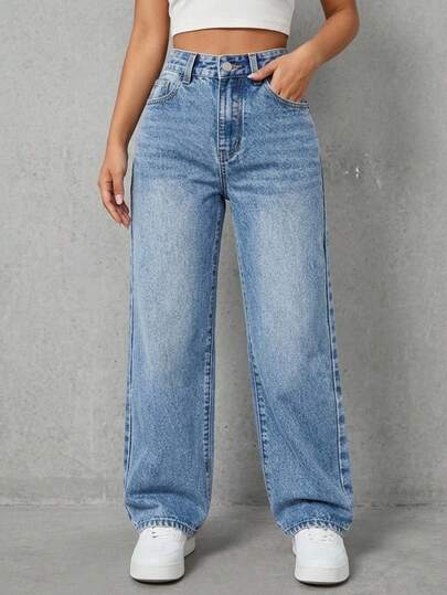 Pantalones vaqueros casuales de pierna recta y corte holgado con bolsillos para mujeres, Jeans diarios simples de unicolor para mujer, Jesns holgados lavados para mujer