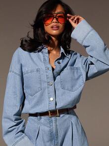 Athîral Denim 女式秋季落肩长袖单排扣口袋休闲牛仔连体裤 - 淺色水洗藍 - 查看 2