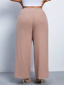 SHEIN PETITE CURVE 大码女式纯色宽松弹力腰休闲裤 - 卡其色 - 查看 2