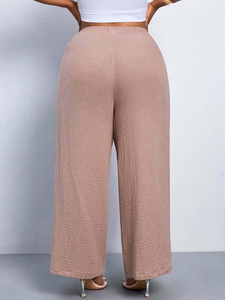 SHEIN PETITE CURVE 大码女式纯色宽松弹力腰休闲裤 - 卡其色 - 查看 2
