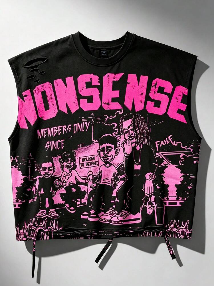 ROMWE MEN Street Life Kaos Tanpa Lengan Leher Bulat Gaya Y2K Fashion Kasual Pria Musim Semi/Panas 2026, Atasan Tank Tanpa Lengan Wanita dan Unisex untuk Pasangan - Hitam - View 1
