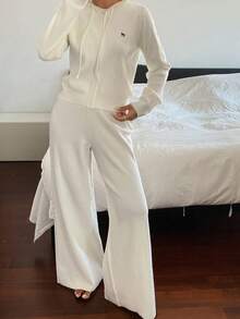 DAZY Women's 2pcs Set Colorblock Embroidered Hooded Cardigan Sweater & Straight Leg Pants Casual Vacation Elegant Spring Autumn Outfit - White - View 4