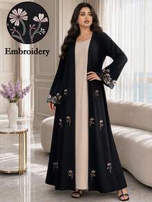 Al Najma Plus Size Women's Floral Embroidered Cuff Loose Fit Abaya Wedding Summer Modest Asian Chinese - Black - View 3