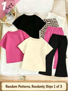 Blind Box Random Set, Spring Summer Autumn Girls Toddler Creative Personalized Leopard Print Cherry Bow Cartoon Painting Character Graphic Shiny Bow Pattern Print Casual Basic Short T-Shirt And Flared Pants Set, Sets - Multicolor - View 2
