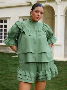 VOLUPTÉ CURVE Plus Size Women's Summer Green Faux Linen Stand Collar Puff Sleeve Set, Ruffle Crop Casual Commute Vacation Two Pieces Set Fall - Green - View 7