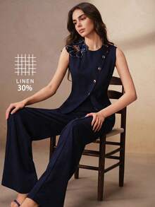 Anewsta 夏季新款優雅休閒風貼花無袖上衣與長褲兩件套女裝，適合早午餐、茶會，海軍藍花卉 - 藏蓝色 - 查看 6