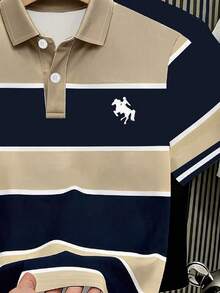 Resyla Men's Plus Size Summer Casual Business Polo Shirt, Contrast Striped Horse Print Pattern, Comfortable Fabric, Versatile Everyday Wear - Multicolor - View 4