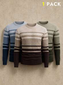 AKNOTIC Men's Contrast Color Striped Long Sleeve Crew Neck Sweater, For Spring - Coffee Brown - View 6