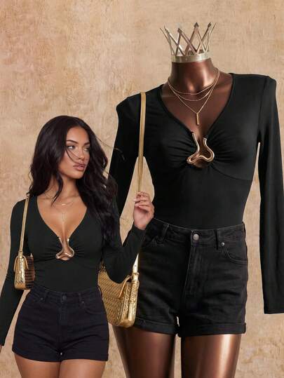 Elin Vora Sexy Women's Black Long Sleeve Bodysuit With Front & Middle Metal Decor, Waist Cinched, Casual, Stretchy, Suitable For Autumn/Winter