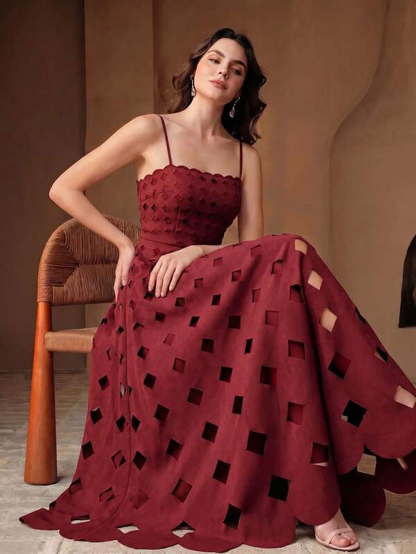 Anewsta Elegant Elegant Wine Red Fashion Strapless Long Dress, Waist-Cinching Slimming Sleeveless Hollow-Out Design Vacation Dress For Women