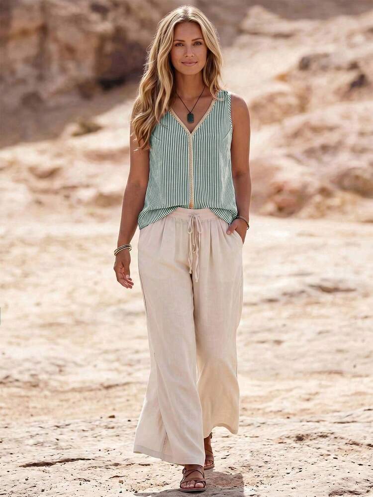 SHEIN LUNE CURVE Atasan Wanita Ukuran Besar Model V-Neck Bergaris Patchwork dengan Hiasan Renda Emas, Kasual Nyaman, Gaya Liburan Pedesaan, Kain Lembut Longgar, Blus Luar Ruangan Gaya Pastoral - Hijau - View 4