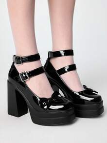 ROMWE Women Shoes Fashion Sexy Platform High Heels Shoes Punk Gothic Double Buckle Bow Party - Black - View 4