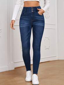 EMERY ROSE Solid Color Front Button Fitted Pockets Casual Versatile Jeans - Dark Wash - View 6