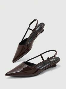 CUCCOO BIZCHIC Women Shoes Spring And Summer New Models, Patent Leather Pointed Slingback Shoes, Buckle Low-Heeled Cat And Sandals, Retro Commuting Style - Black - View 1