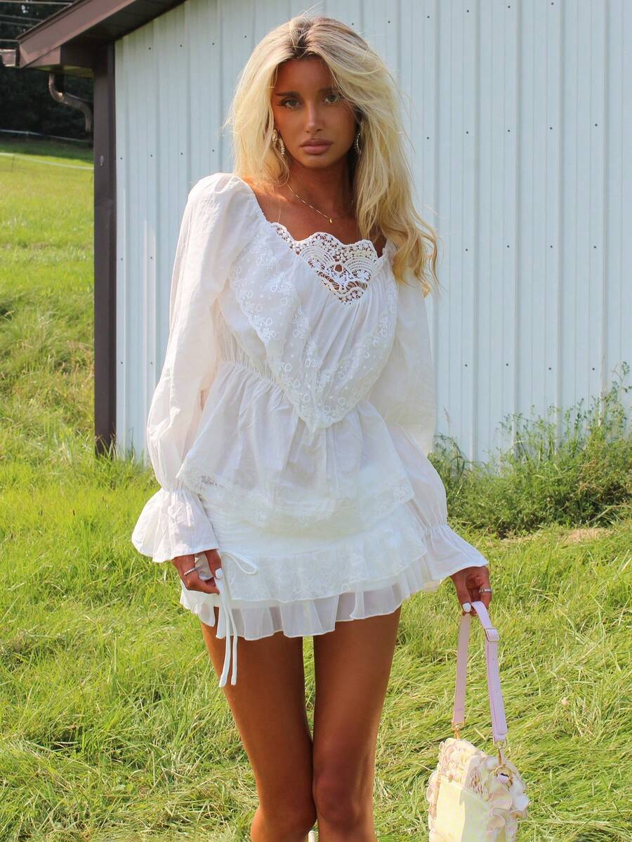 Sydney Algeri Cotton Lace Patchwork Waist Vacation Shirt, Suitable For Beach Party, Holiday, Easter, Spring & Summer White - White - View 1