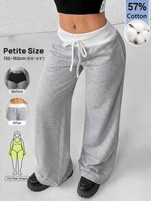 SHEIN PETITE 休閒百搭通勤對比腰帶長褲 - 灰色 - 查看 10