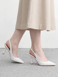CUCCOO BIZCHIC 女款新款米色尖頭細高跟後扣slingback鞋，簡約時尚優雅性感，適合派對、通勤上班穿著 - 白PU - 查看 6