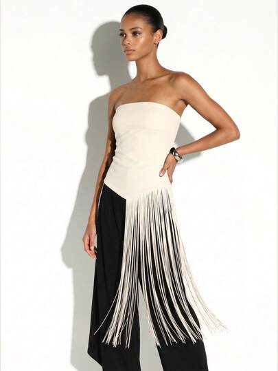 KSTM Strapless Tube Top With Dramatic Side Fringe Trim Bodycon Fit Evening Party Style