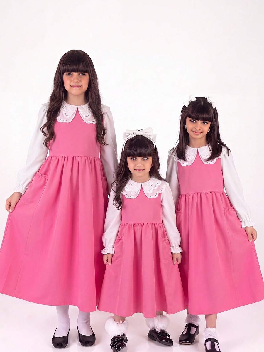 SHEIN 少女甜美淑女蕾絲拼接雙口袋洋裝 - 粉色 - 查看 1