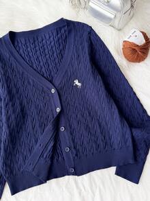 Comfortcana Plus Size Women's Equestrian Pattern Long Sleeve Single-Breasted Casual Knit Cardigan Winter - Navy Blue - View 3
