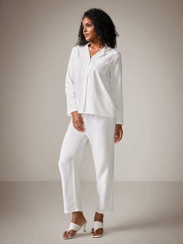 2pcs Women Lapel Long Sleeve Top + Elastic Waist Pants Pajama Sleepwear Set