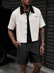 SLATEMANN Men's Spring/Summer High-Quality Best-Selling Comfortable Striped Fabric Short Sleeve Shirt + Solid Color Twill Fabric Drawstring Elastic Waist Shorts, Solid Color Collar And Letter Embroidery Shirt, Casual Vacation, Minimalist Office, Friends Date, Party Gathering, Banquet, Suitable For Formal Or Informal Occasions, Minimalist Best-Selling Versatile Style, Suitable For Self-Wear Or Gifting To Friends - Multicolor - View 1