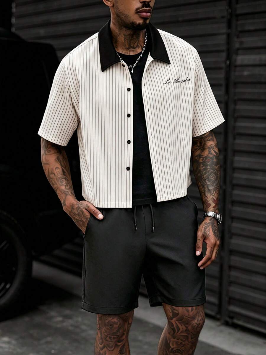 SLATEMANN Men's Spring/Summer High-Quality Best-Selling Comfortable Striped Fabric Short Sleeve Shirt + Solid Color Twill Fabric Drawstring Elastic Waist Shorts, Solid Color Collar And Letter Embroidery Shirt, Casual Vacation, Minimalist Office, Friends Date, Party Gathering, Banquet, Suitable For Formal Or Informal Occasions, Minimalist Best-Selling Versatile Style, Suitable For Self-Wear Or Gifting To Friends - Multicolor - View 1