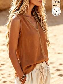 Linhara CURVE Plus Size French V-Neck Trim Sleeveless Tank Top, Loose Fit Innerwear Outerwear Commuter Beach Vacation Brown Summer Boho Casual - Brown - View 5
