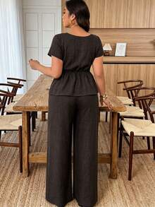 Weeklong Women's Plus Size Spring/Summer Casual Vacation V-Neck Short Sleeve Loose Pants Two Pieces Set Elegant - Coffee Brown - View 2