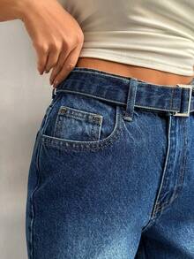 EURMUSE STRAIGHT HIGH WAIST JEANS BELT DETAIL - Medium Wash - View 2