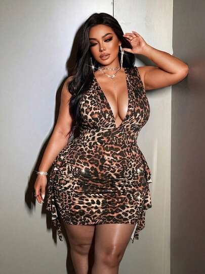 NU&NOW Plus Size Sexy Country Leopard Print Deep V-Neck Fitted Dress, Summer Rave Cocktail Black Club Going Out