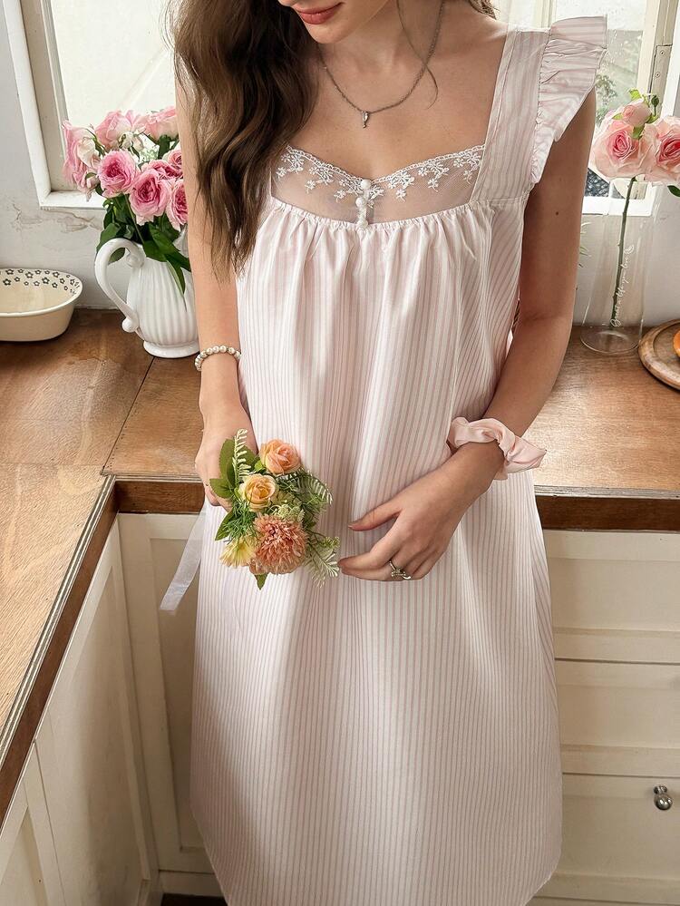 Snug Reverie Women's Striped Nightgown With Lace And Button Decoration - Pink - View 4