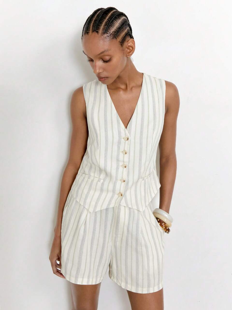 SHEIN Maija Women's Summer Casual Smart Casual Coastal Blue And White Striped Vest And Shorts 2 Pieces Set, City Break Outfits,Summer Outfits For Women Brunch