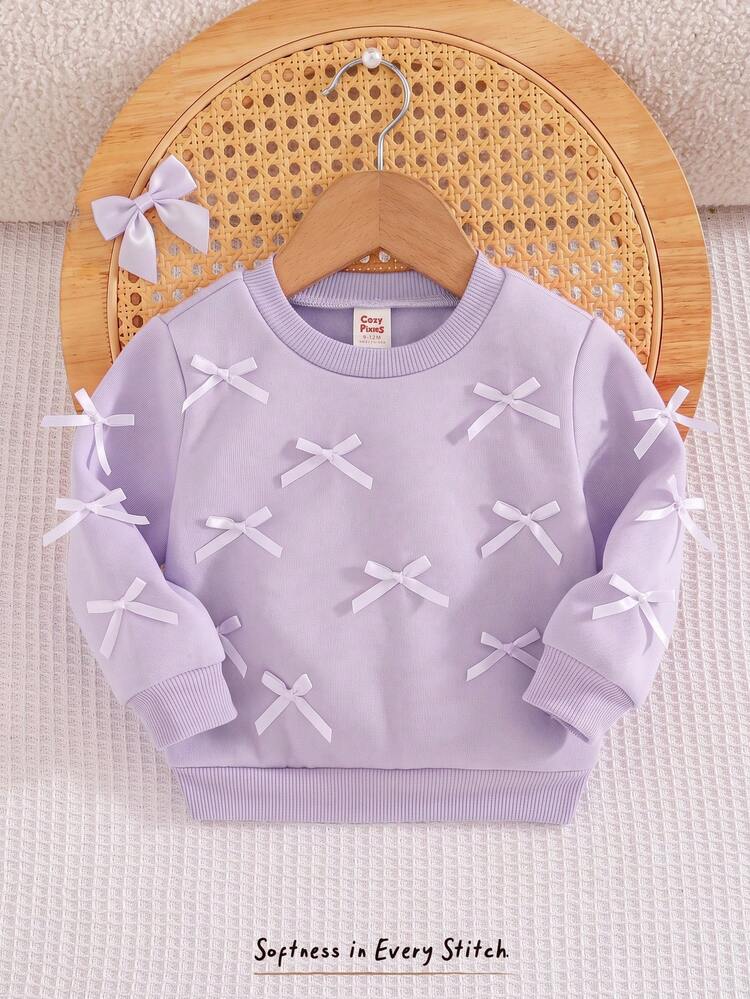 Cozy Pixies Baby Girl Baby Girl Casual Cute Sweet Round Neck Pink Loose Sweatshirt With Bow - Mauve Purple - View 5
