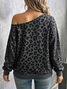 SHEIN LUNE Plus Size Women's Asymmetrical Shoulder Long Sleeve Sweatshirt, Autumn/Winter New Style, Leopard Print, Holiday Date , Outdoor, Photography Streetwear, Must-Wear For Women - Black - View 2