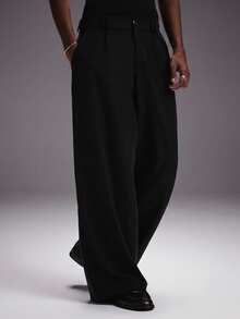 STYNVO Men's Solid Color Pleated Design Wide Leg Loose Fit Long Pants - Black - View 1