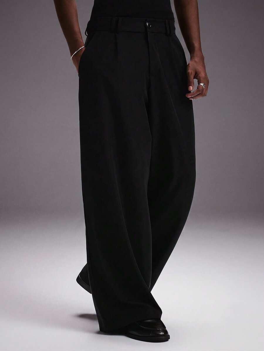 STYNVO Men's Solid Color Pleated Design Wide Leg Loose Fit Long Pants - Black - View 1