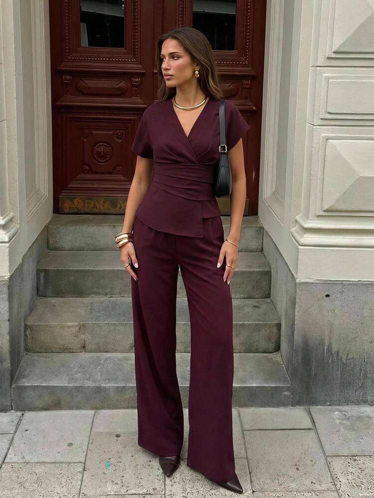 Aloruh Women's Elegant Smart Casual Business Commuter Burgundy Suit Set, Fitted Blazer+Pant, Solid Color Two-Piece Set, Old Money Style, Office, Work 2pcs - Apricot - View 4