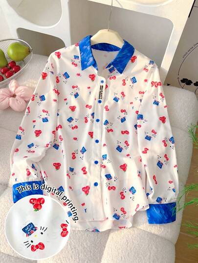 Resyla HELLO KITTY AND FRIENDS | SHEIN Top da donna con stampa alla moda, camicia casual street ampia