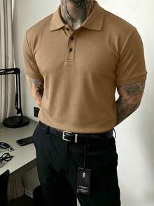 JOLTRO 男士素色短袖休閒通勤 Polo 衫 - 卡其色 - 查看 5