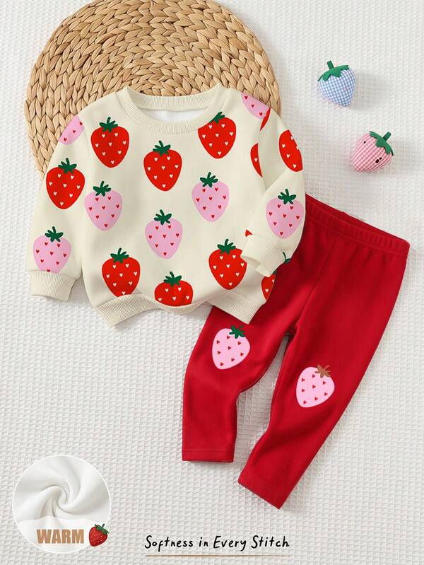 Setelan Bayi Perempuan Kasual Minimalis Lucu Motif Polkadot Stroberi, Gaya Vintage, Sweatshirt Leher Bulat Longgar dan Celana Panjang Pinggang Elastis, Cocok untuk Musim Gugur/Dingin, Grafis, Nyaman, Setelan Pakaian Anak Perempuan, Y2K, Vintage, Kawaii
