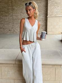 Sydney Algeri Women's V-Neck Sleeveless Top And Pants Set, Summer New Arrival,Work Outfits For Women Elegant - Grey - View 1