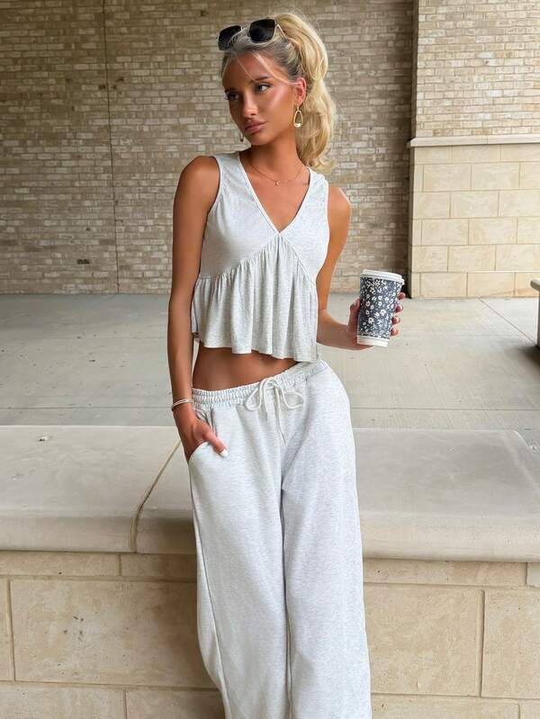 Sydney Algeri Women's V-Neck Sleeveless Top And Pants Set, Summer New Arrival,Work Outfits For Women Elegant