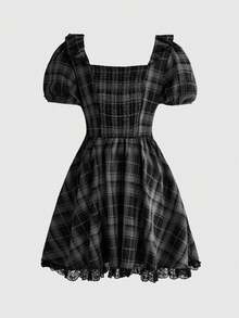 ROMWE Dark Gothic Black & Grey Plaid Bow Petal Sleeve Fitted A-Line Mini Dress - Multicolor - View 10