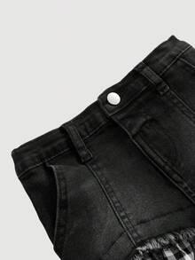 SHEIN 少女 Y2K 風格格紋拼接黑色牛仔修身裙，秋冬款，適合返校季與街頭穿搭 - 黑與白 - 查看 8